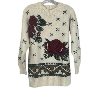 Vintage Studio Michelle Stuart Red  Rose Cream Handknit Sweater Granny Medium